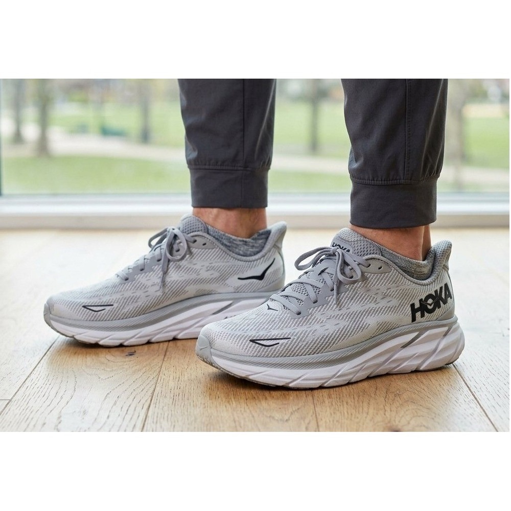 Hoka Clifton 9 Running Shoes Mens 10.5D Grey White Low Top Casual Sneakers